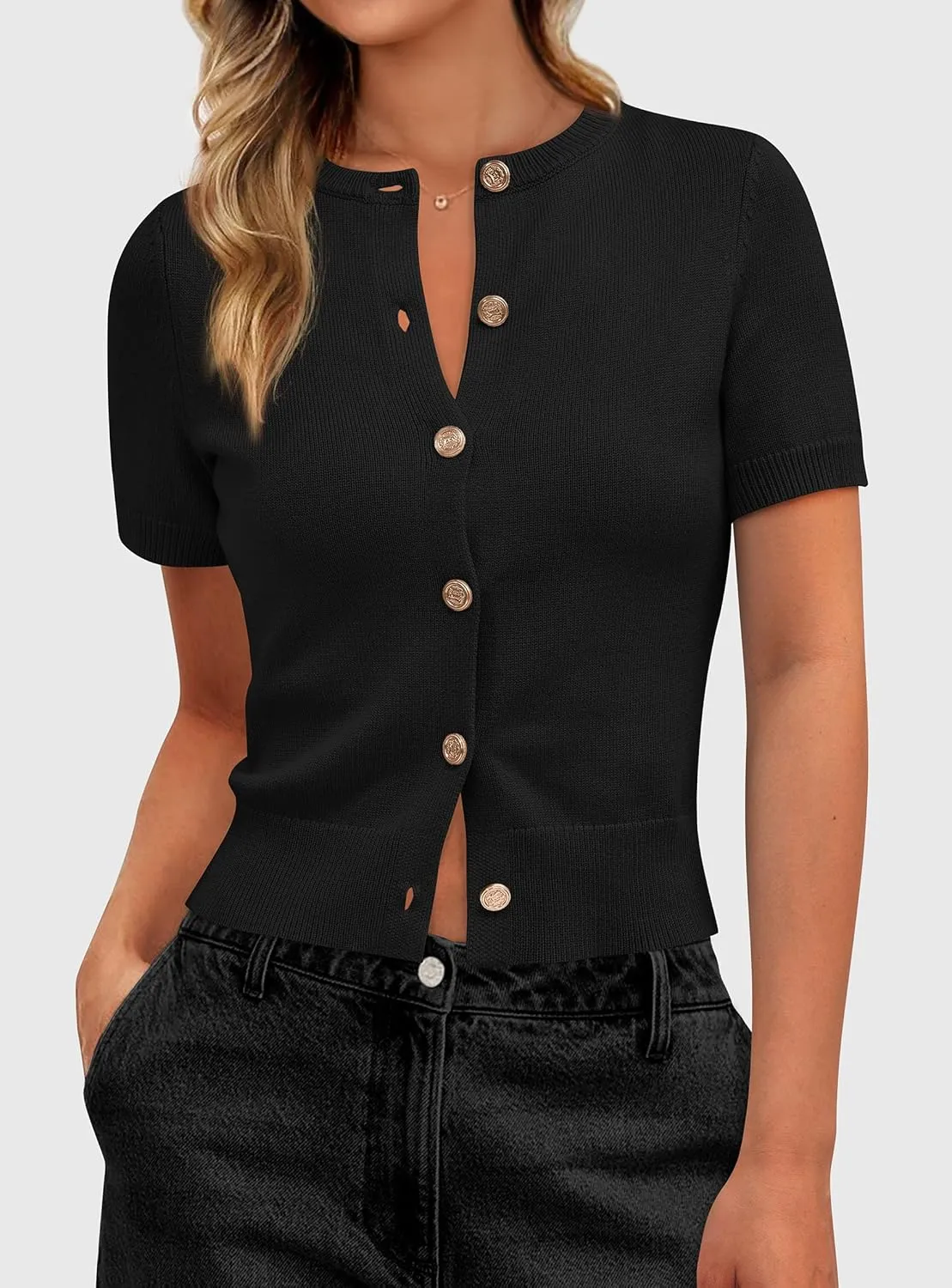 PRETTYGARDEN Womens Casual Summer Short Sleeve Cardigans 2025 Button Down Knitted Sweater Basic Crew Neck Crop Tops