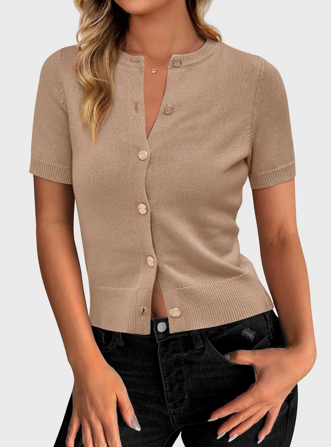 PRETTYGARDEN Womens Casual Summer Short Sleeve Cardigans 2025 Button Down Knitted Sweater Basic Crew Neck Crop Tops
