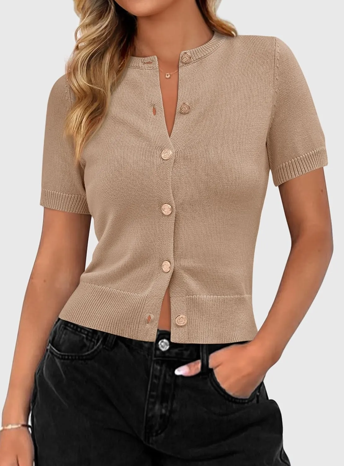 PRETTYGARDEN Womens Casual Summer Short Sleeve Cardigans 2025 Button Down Knitted Sweater Basic Crew Neck Crop Tops