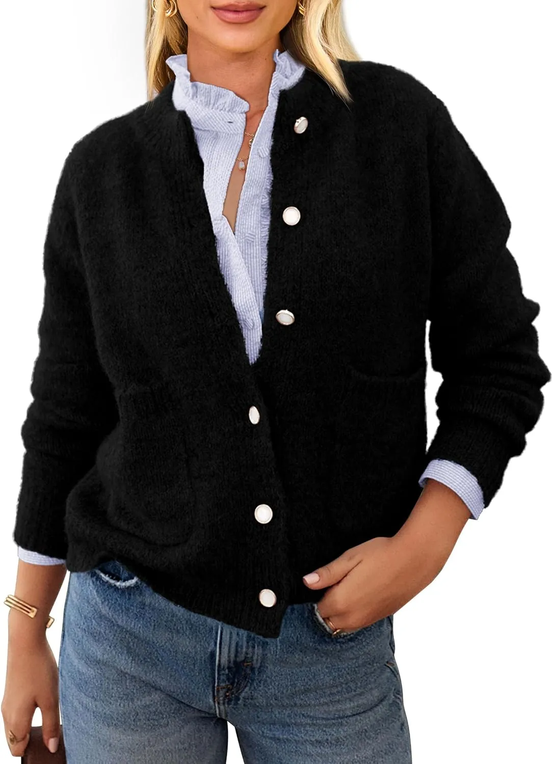 PRETTYGARDEN Women's Knit Cardigan Sweaters Casual Long Sleeve Open Front Button Up Ribbed Fall Spring Sweater Jackets