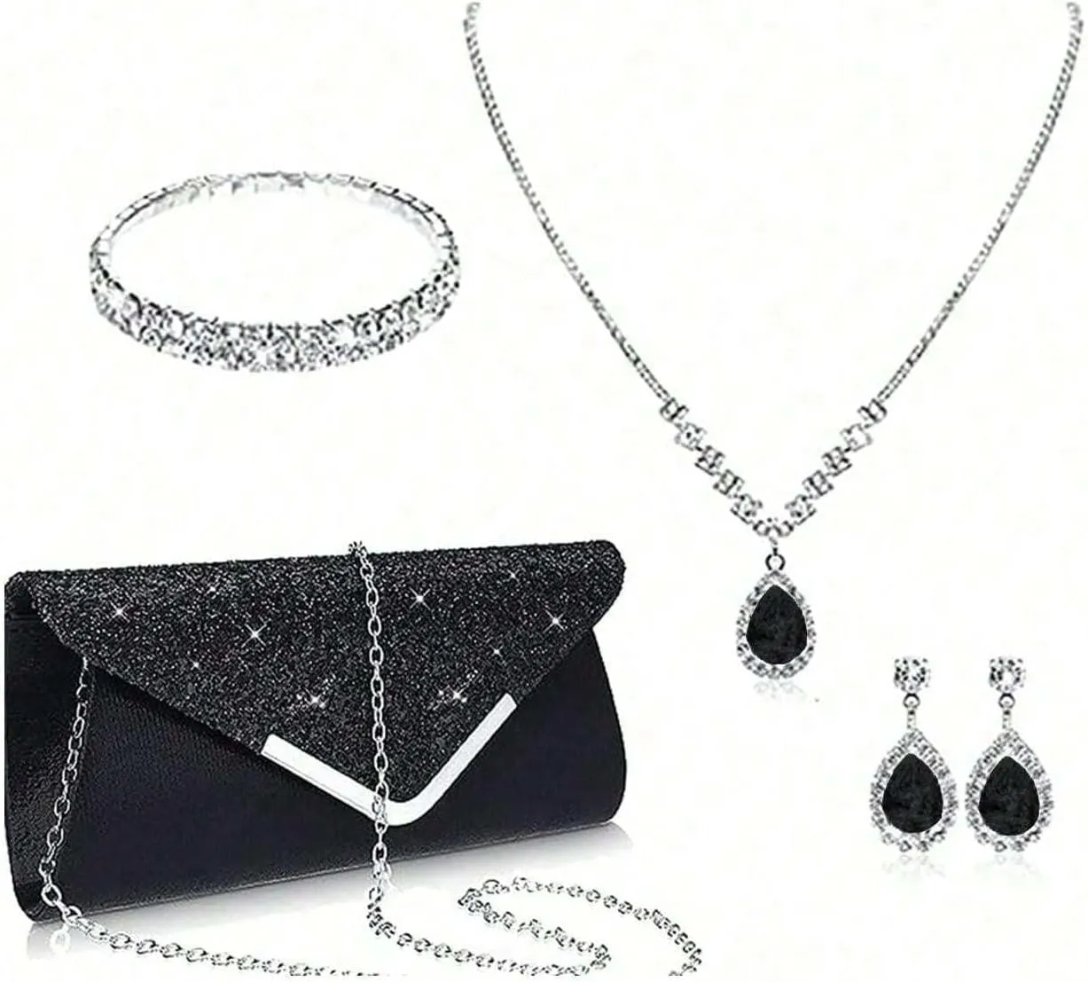 Prom Jewelry Set- 5pcs Silver Bride Crystal Necklace Earrings Bracelet Evening Clutch Bag Set- Bridal Wedding Jewelry Choker For Women- Ideal For Party