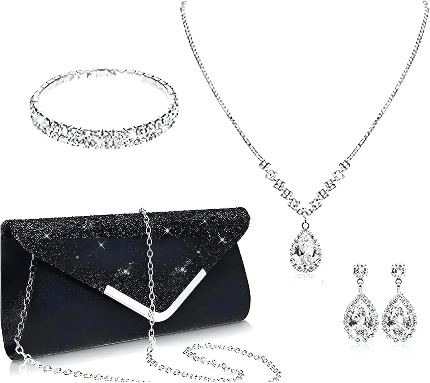 Prom Jewelry Set- 5pcs Silver Bride Crystal Necklace Earrings Bracelet Evening Clutch Bag Set- Bridal Wedding Jewelry Choker For Women- Ideal For Party