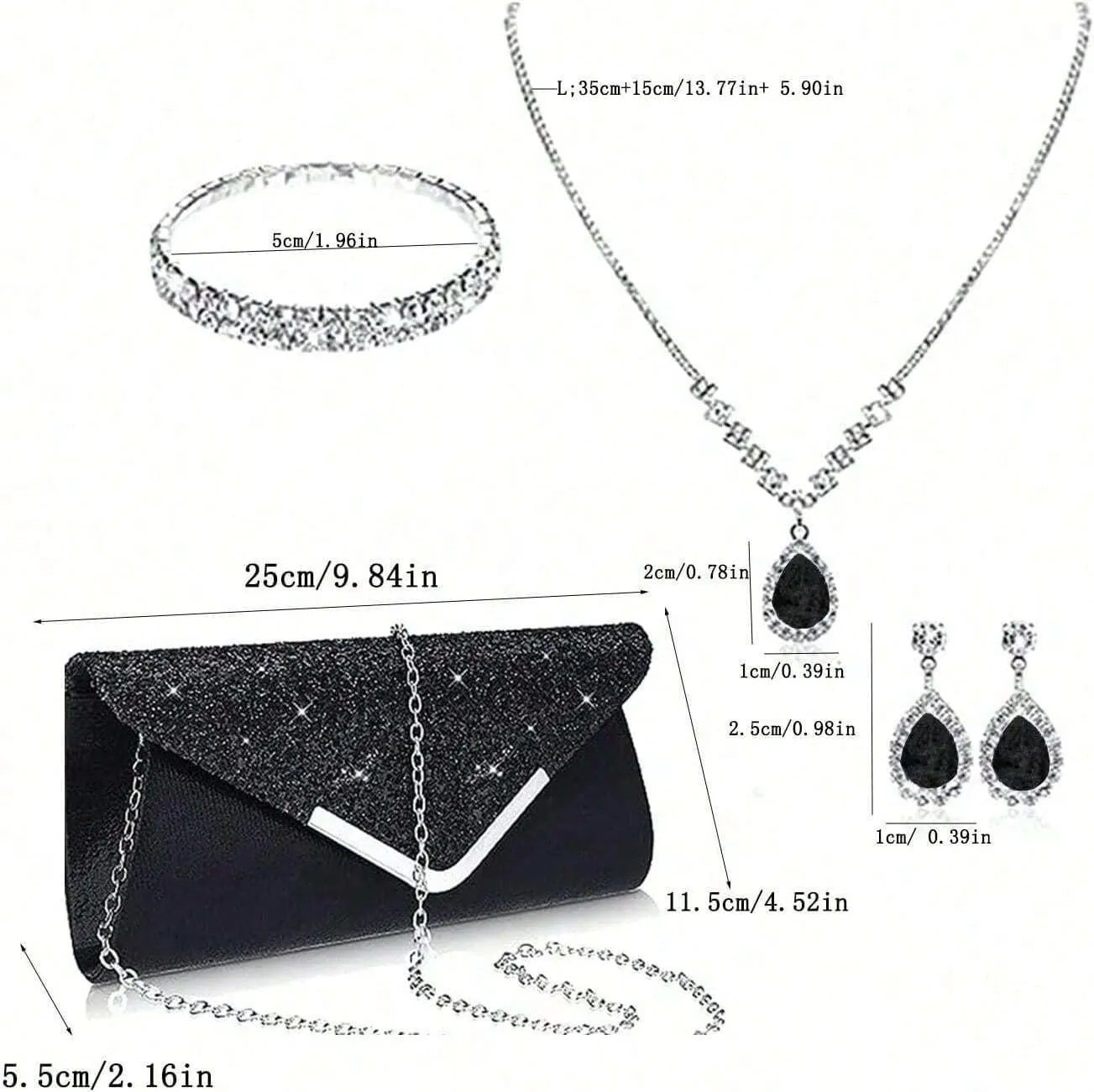 Prom Jewelry Set- 5pcs Silver Bride Crystal Necklace Earrings Bracelet Evening Clutch Bag Set- Bridal Wedding Jewelry Choker For Women- Ideal For Party