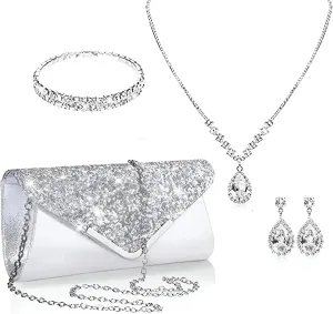 Prom Jewelry Set- 5pcs Silver Bride Crystal Necklace Earrings Bracelet Evening Clutch Bag Set- Bridal Wedding Jewelry Choker For Women- Ideal For Party
