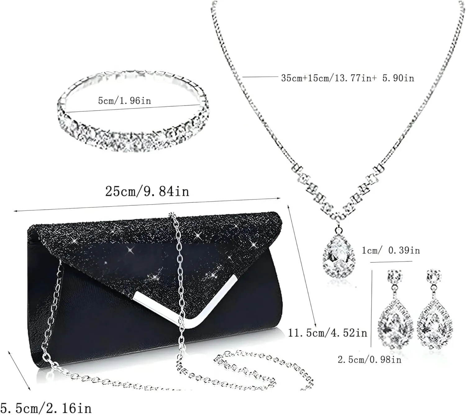 Prom Jewelry Set- 5pcs Silver Bride Crystal Necklace Earrings Bracelet Evening Clutch Bag Set- Bridal Wedding Jewelry Choker For Women- Ideal For Party