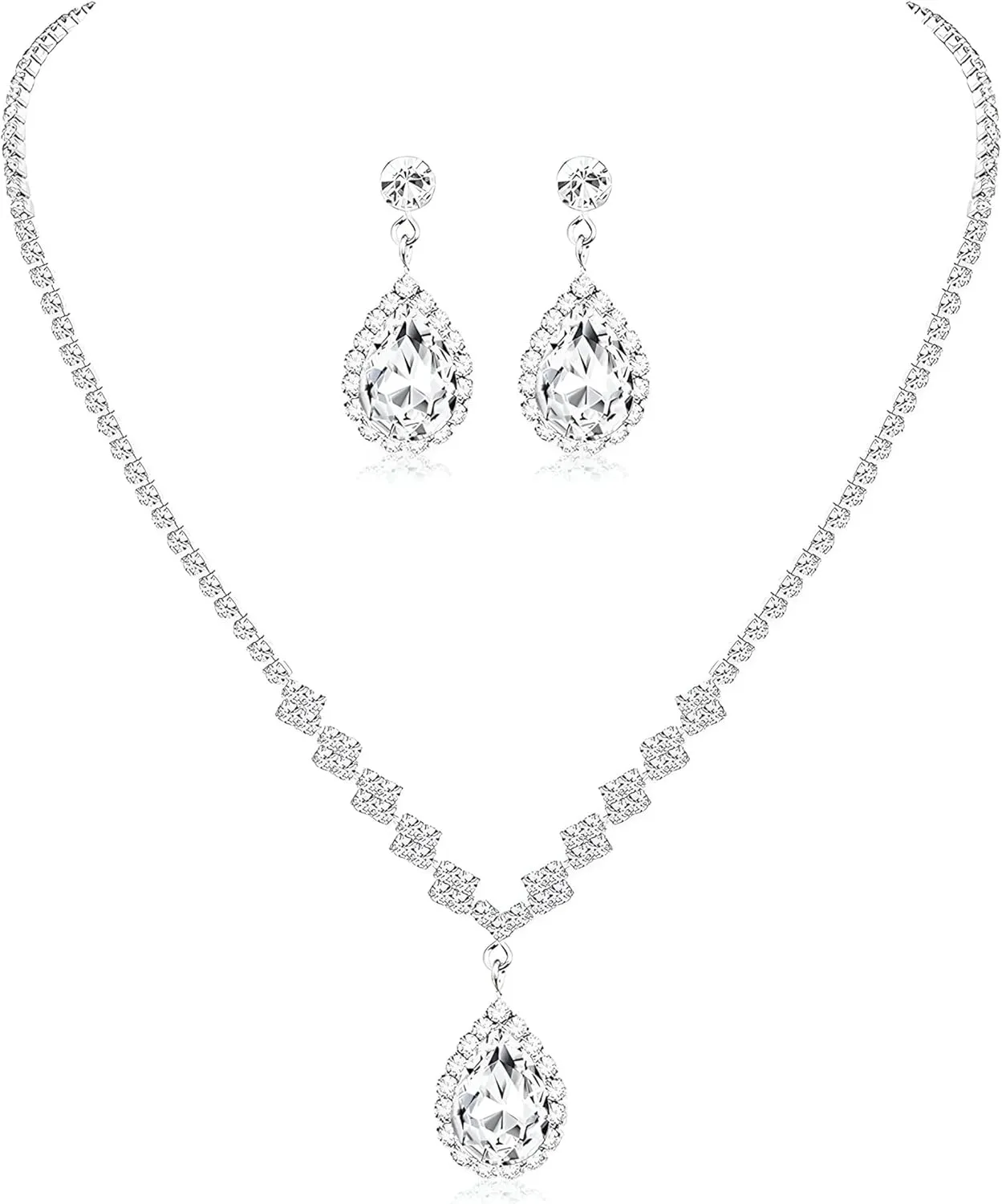 Prom Jewelry Set- 5pcs Silver Bride Crystal Necklace Earrings Bracelet Evening Clutch Bag Set- Bridal Wedding Jewelry Choker For Women- Ideal For Party