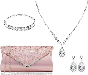 Prom Jewelry Set- 5pcs Silver Bride Crystal Necklace Earrings Bracelet Evening Clutch Bag Set- Bridal Wedding Jewelry Choker For Women- Ideal For Party