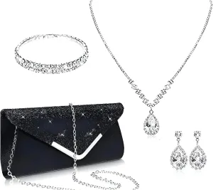 Prom Jewelry Set- 5pcs Silver Bride Crystal Necklace Earrings Bracelet Evening Clutch Bag Set- Bridal Wedding Jewelry Choker For Women- Ideal For Party