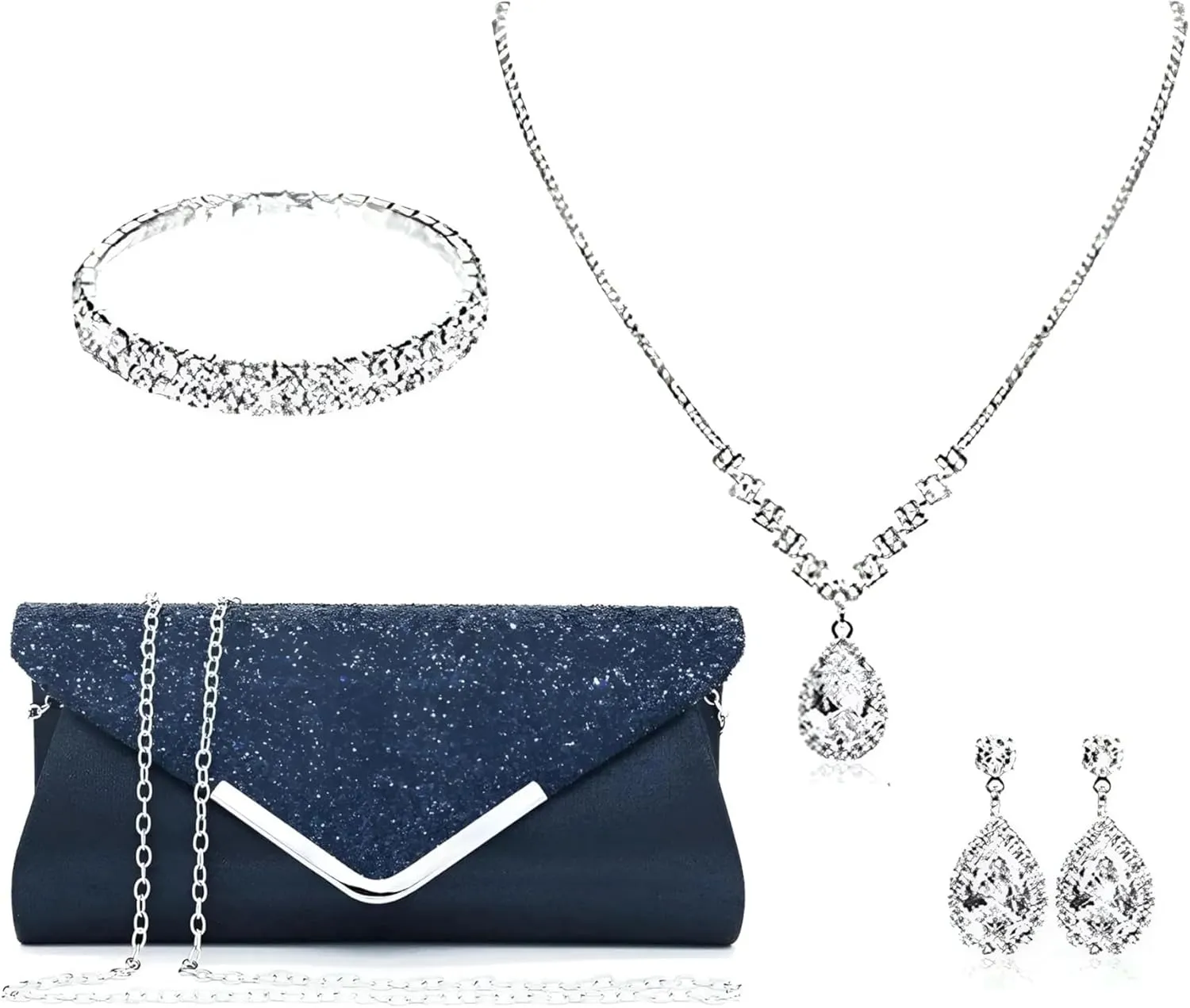 Prom Jewelry Set- 5pcs Silver Bride Crystal Necklace Earrings Bracelet Evening Clutch Bag Set- Bridal Wedding Jewelry Choker For Women- Ideal For Party