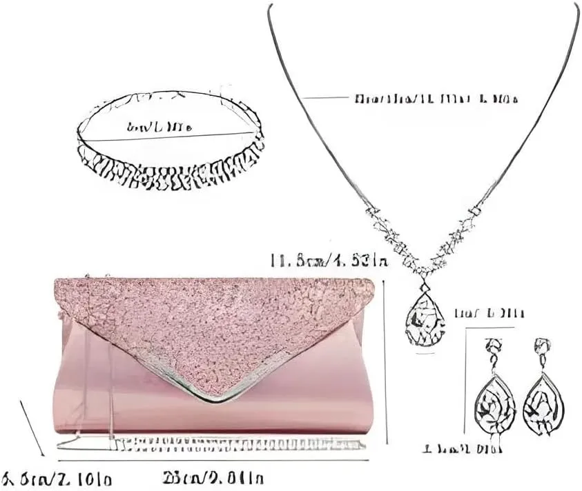 Prom Jewelry Set- 5pcs Silver Bride Crystal Necklace Earrings Bracelet Evening Clutch Bag Set- Bridal Wedding Jewelry Choker For Women- Ideal For Party