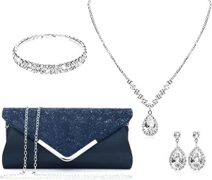 Prom Jewelry Set- 5pcs Silver Bride Crystal Necklace Earrings Bracelet Evening Clutch Bag Set- Bridal Wedding Jewelry Choker For Women- Ideal For Party