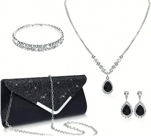 Prom Jewelry Set- 5pcs Silver Bride Crystal Necklace Earrings Bracelet Evening Clutch Bag Set- Bridal Wedding Jewelry Choker For Women- Ideal For Party