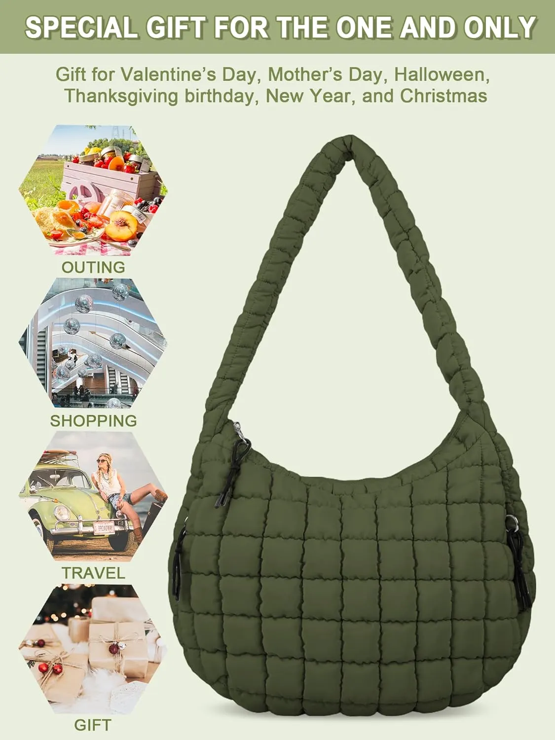 Puffer Tote Bag for Women, Large Quilted Tote Bag Puffy Crossbody Bag with Zipper, Nylon Quilted Carryall Bag Hobo Handbags