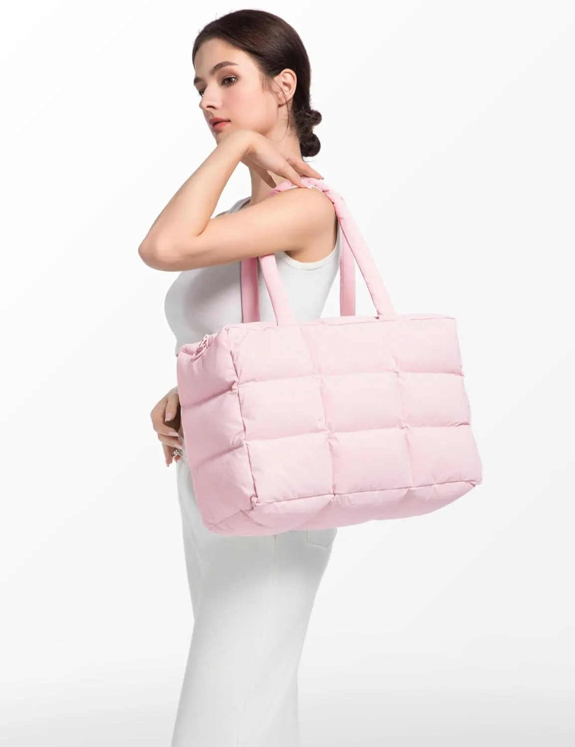 Puffer Tote Bag with Laptop Compartment, Quilted Shoulder Bag for Work Gym, Puffy Travel Carry On Tote with Zipper
