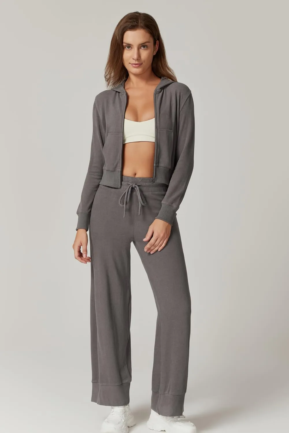 QINSEN Women's Two Piece Outfits Long Sleeve Full-Zip Hoodie and Wide Leg Pants Tracksuit Lounge Matching Set