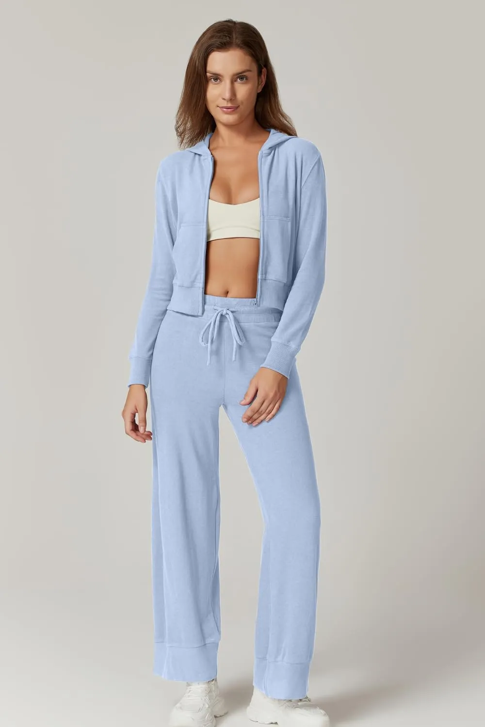 QINSEN Women's Two Piece Outfits Long Sleeve Full-Zip Hoodie and Wide Leg Pants Tracksuit Lounge Matching Set