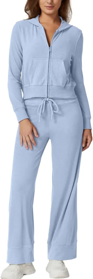 QINSEN Women's Two Piece Outfits Long Sleeve Full-Zip Hoodie and Wide Leg Pants Tracksuit Lounge Matching Set