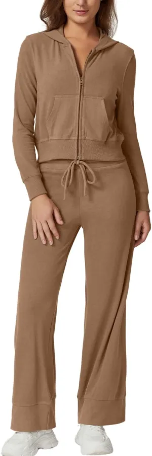 QINSEN Women's Two Piece Outfits Long Sleeve Full-Zip Hoodie and Wide Leg Pants Tracksuit Lounge Matching Set