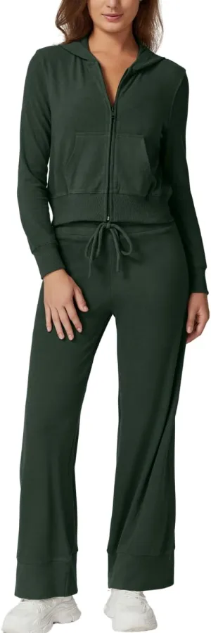 QINSEN Women's Two Piece Outfits Long Sleeve Full-Zip Hoodie and Wide Leg Pants Tracksuit Lounge Matching Set
