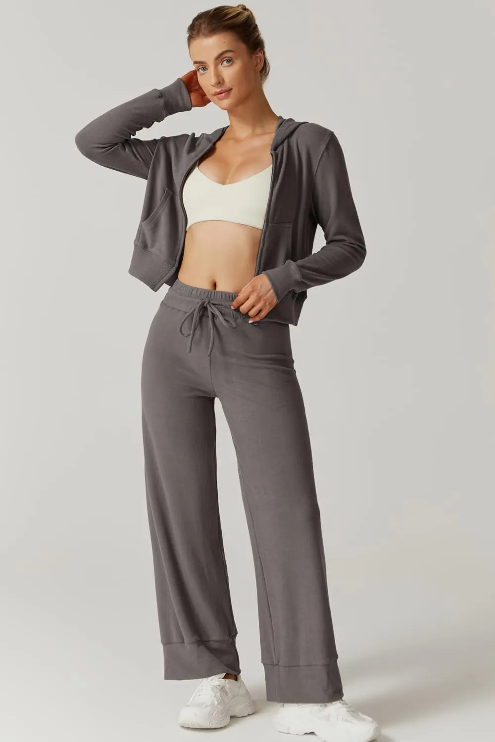 QINSEN Women's Two Piece Outfits Long Sleeve Full-Zip Hoodie and Wide Leg Pants Tracksuit Lounge Matching Set