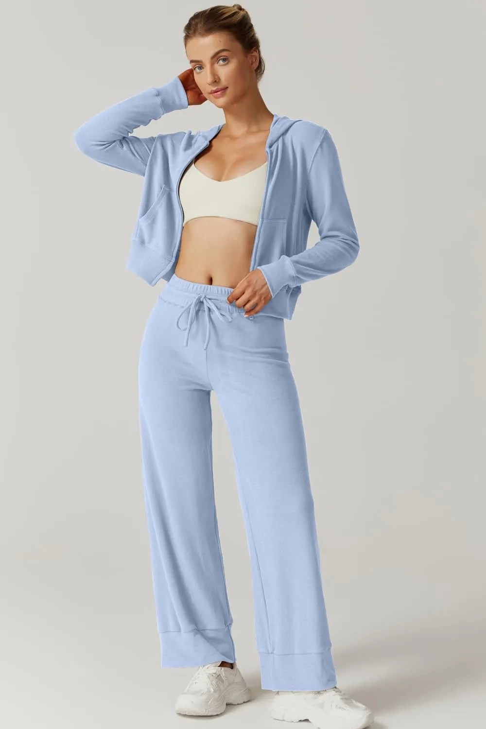 QINSEN Women's Two Piece Outfits Long Sleeve Full-Zip Hoodie and Wide Leg Pants Tracksuit Lounge Matching Set
