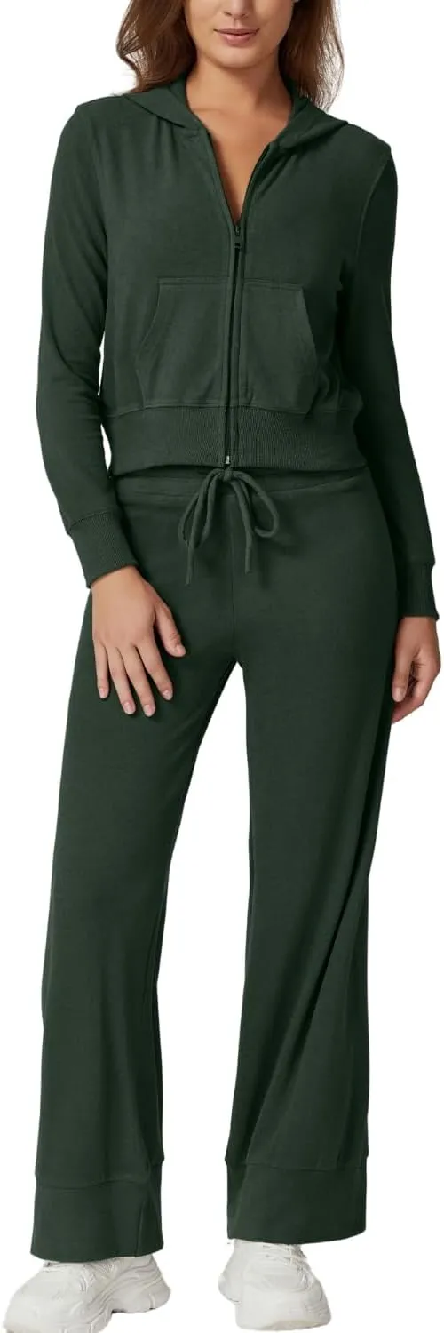 QINSEN Women's Two Piece Outfits Long Sleeve Full-Zip Hoodie and Wide Leg Pants Tracksuit Lounge Matching Set