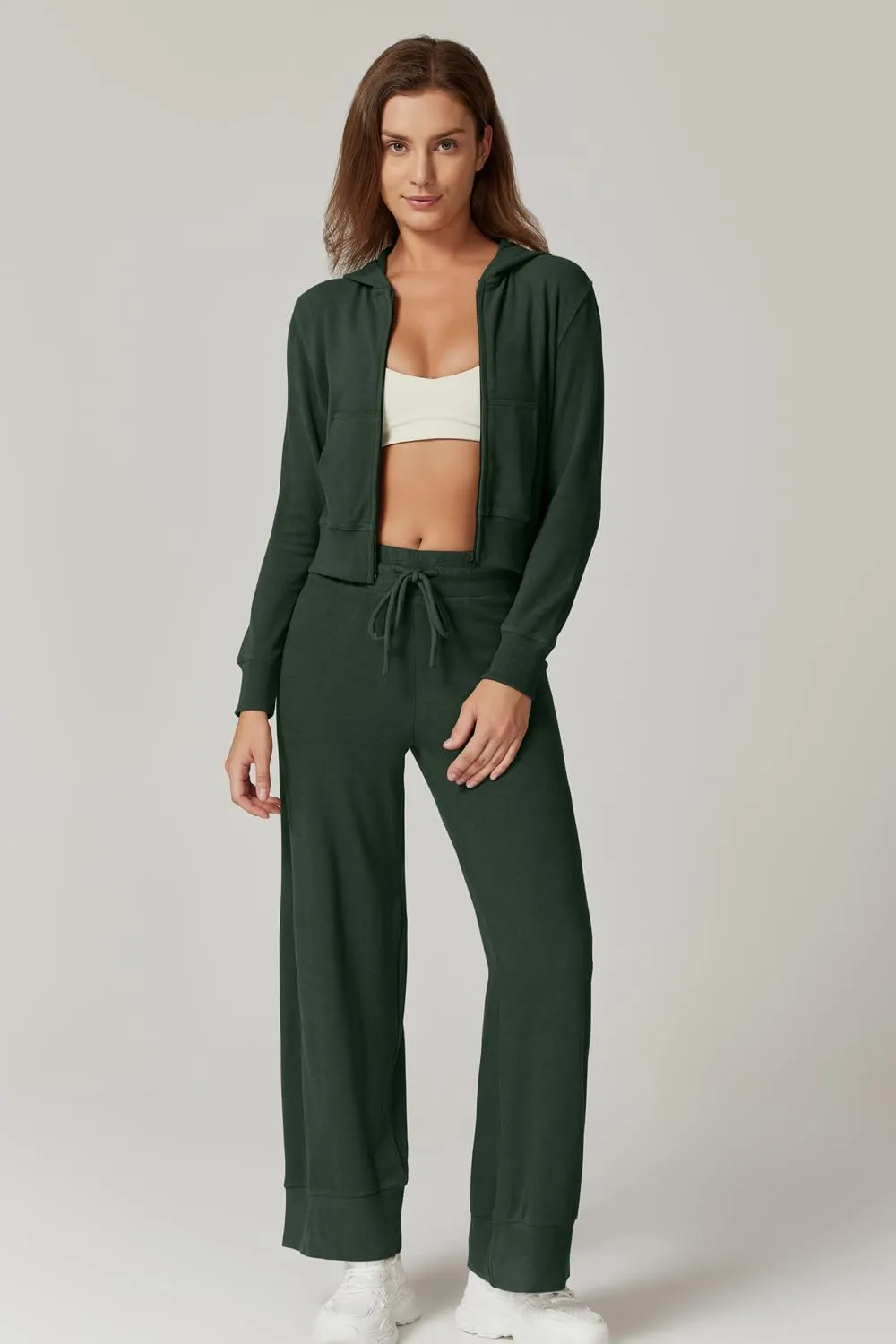 QINSEN Women's Two Piece Outfits Long Sleeve Full-Zip Hoodie and Wide Leg Pants Tracksuit Lounge Matching Set