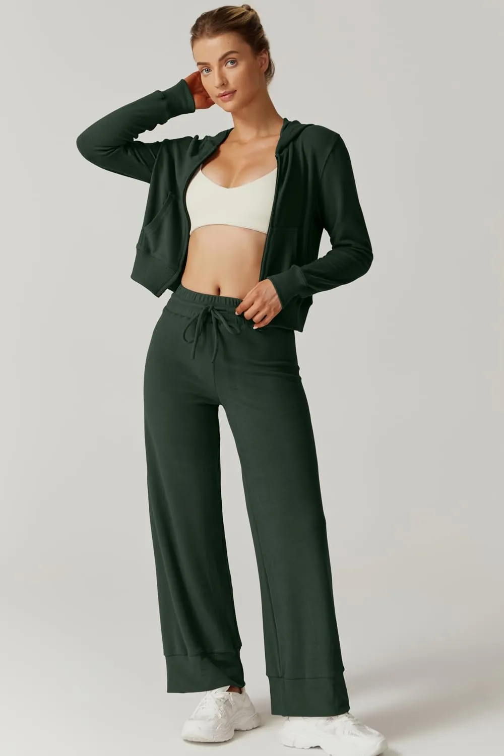 QINSEN Women's Two Piece Outfits Long Sleeve Full-Zip Hoodie and Wide Leg Pants Tracksuit Lounge Matching Set