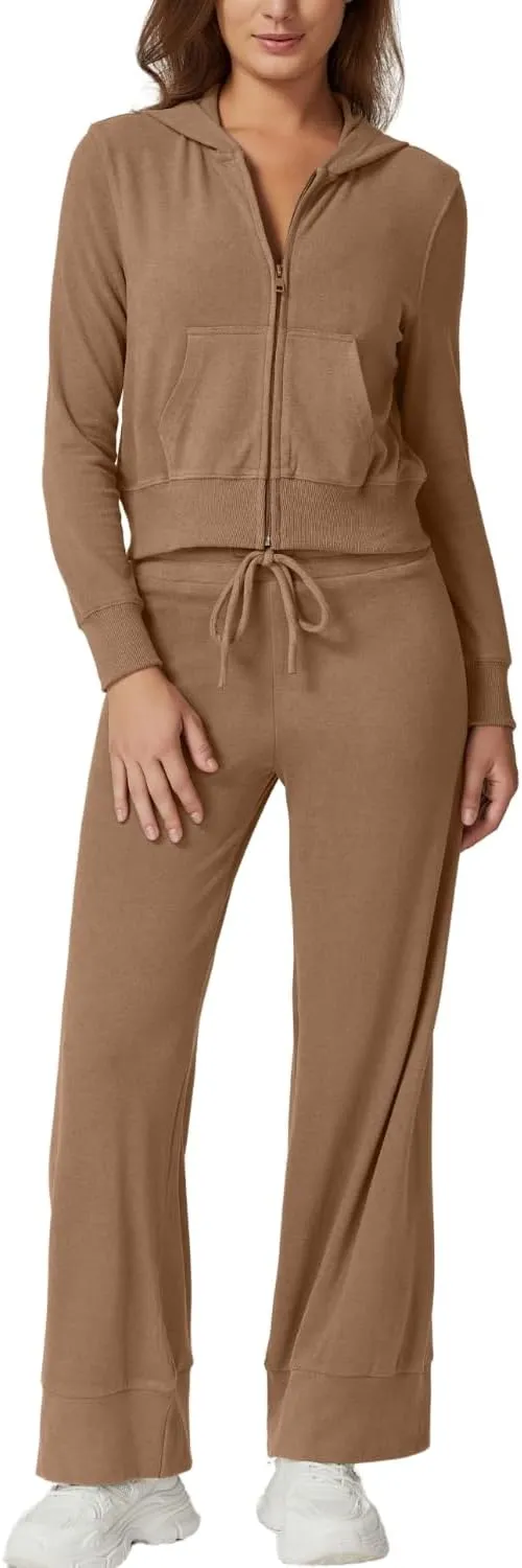 QINSEN Women's Two Piece Outfits Long Sleeve Full-Zip Hoodie and Wide Leg Pants Tracksuit Lounge Matching Set