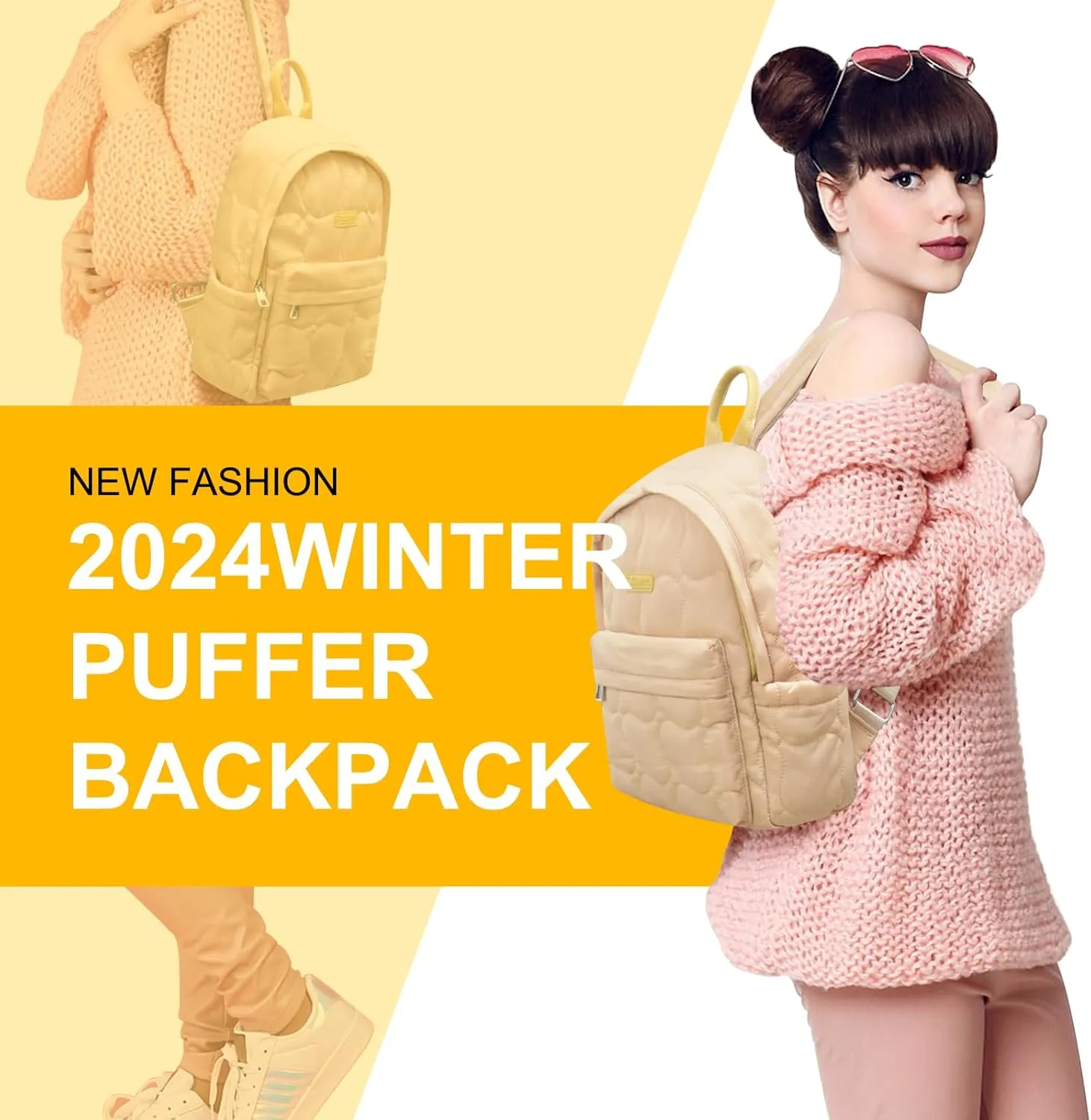 Quilted Backpack for Women, Lightweight Small Soft Puffy Purse Backpack with Compartments, Puffy Bag for Travel, Work, Gym (Khaki)