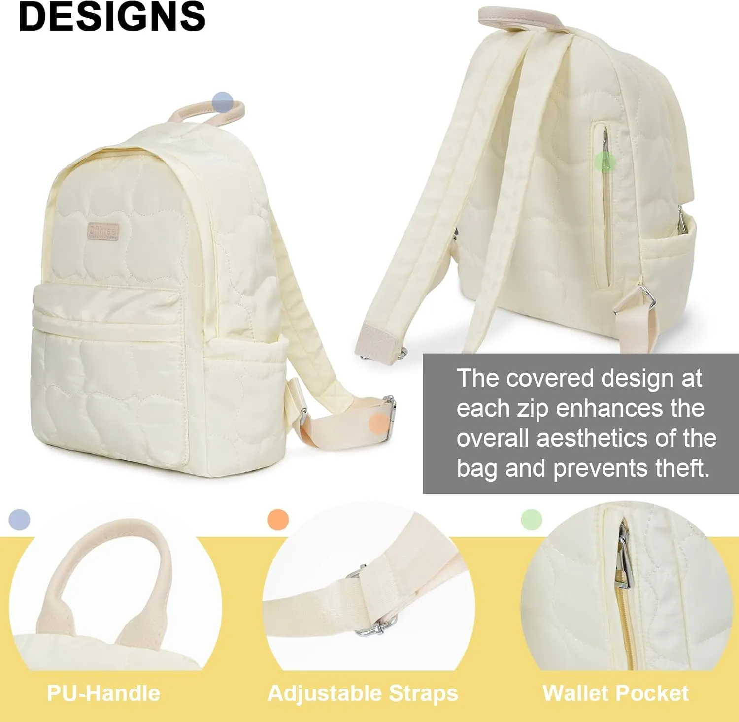 Quilted Backpack for Women, Lightweight Small Soft Puffy Purse Backpack with Compartments, Puffy Bag for Travel, Work, Gym(White)