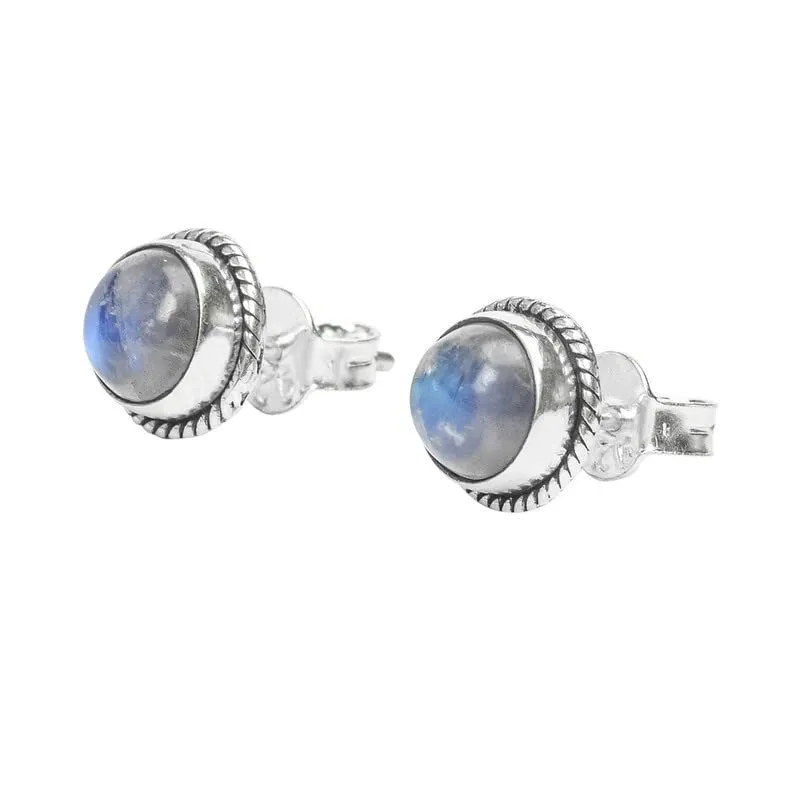 Rainbow Moonstone Stud Post Earrings, 925 Sterling Silver Gemstone Earring 6 MM Round Girls Women Gift