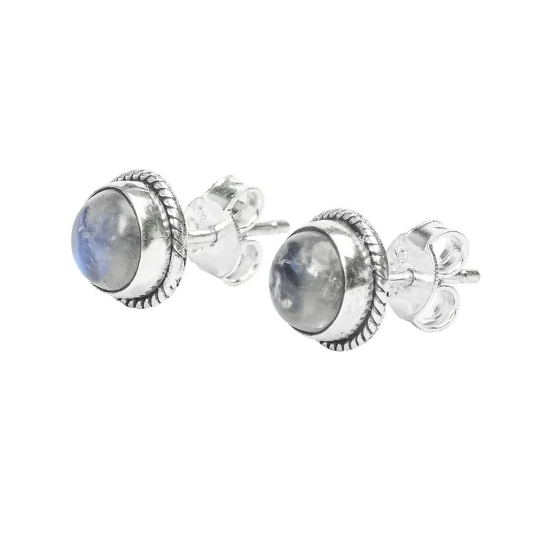 Rainbow Moonstone Stud Post Earrings, 925 Sterling Silver Gemstone Earring 6 MM Round Girls Women Gift