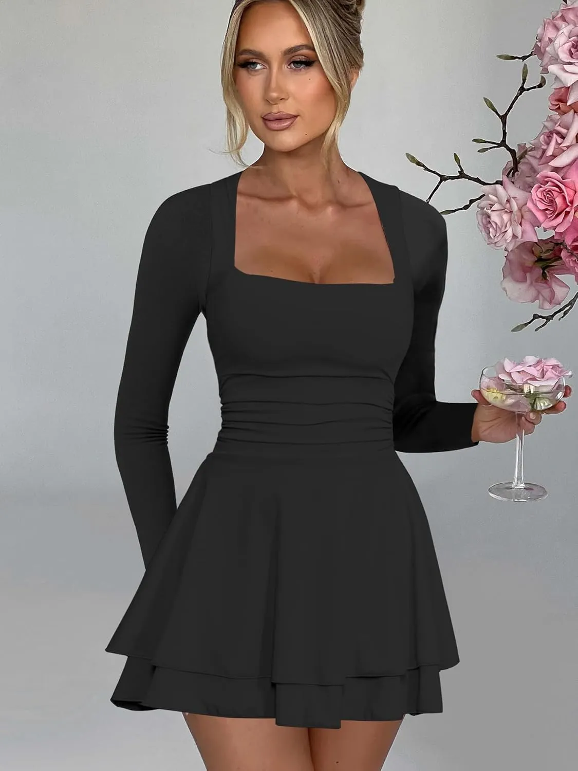 RanRui Women's Square Neck Ruffle Hem Mini Dress Ruched Waist Long Sleeve Corset Short Party Cocktail Birthday Dress