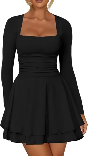 RanRui Women's Square Neck Ruffle Hem Mini Dress Ruched Waist Long Sleeve Corset Short Party Cocktail Birthday Dress