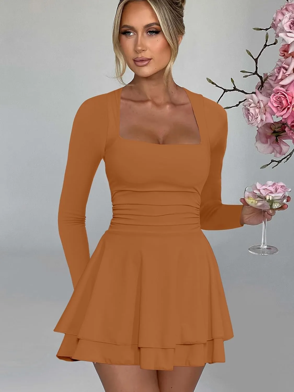 RanRui Women's Square Neck Ruffle Hem Mini Dress Ruched Waist Long Sleeve Corset Short Party Cocktail Birthday Dress