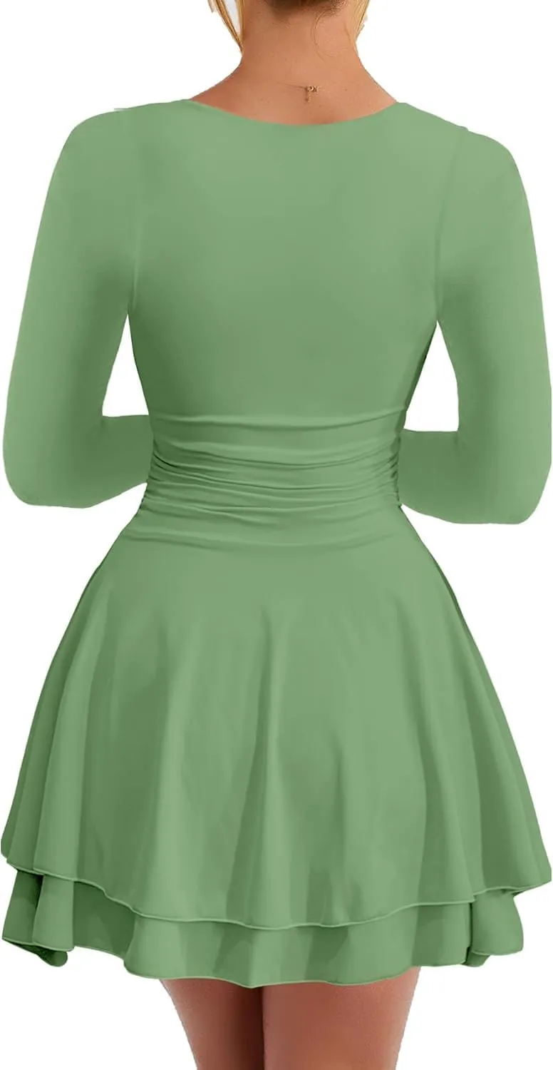 RanRui Women's Square Neck Ruffle Hem Mini Dress Ruched Waist Long Sleeve Corset Short Party Cocktail Birthday Dress