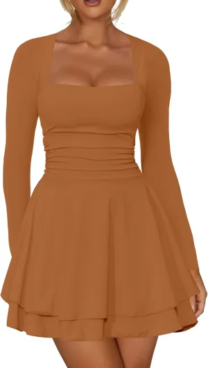 RanRui Women's Square Neck Ruffle Hem Mini Dress Ruched Waist Long Sleeve Corset Short Party Cocktail Birthday Dress