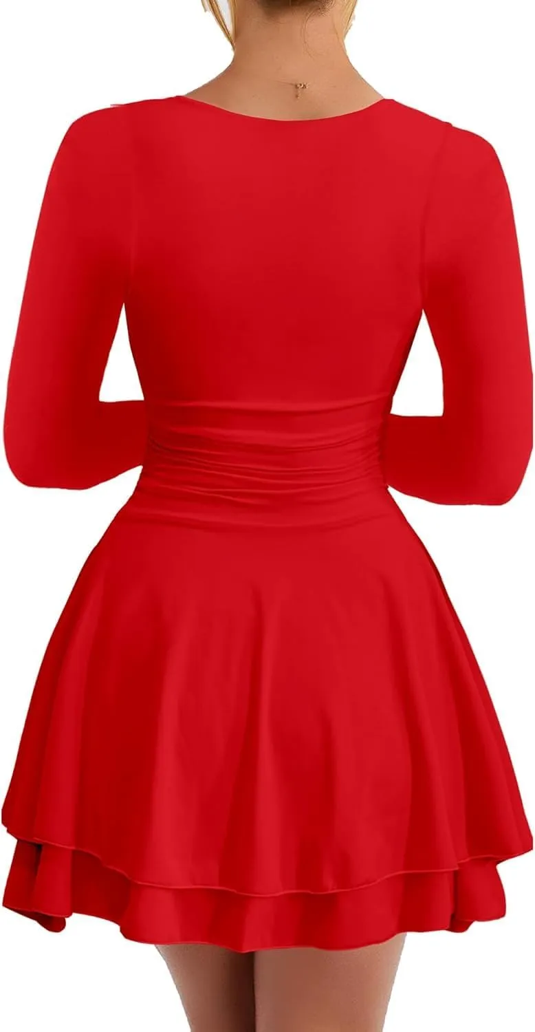 RanRui Women's Square Neck Ruffle Hem Mini Dress Ruched Waist Long Sleeve Corset Short Party Cocktail Birthday Dress