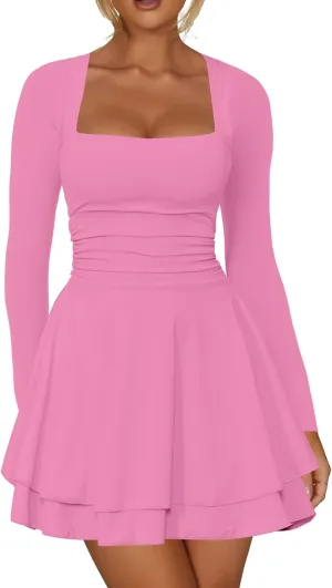 RanRui Women's Square Neck Ruffle Hem Mini Dress Ruched Waist Long Sleeve Corset Short Party Cocktail Birthday Dress
