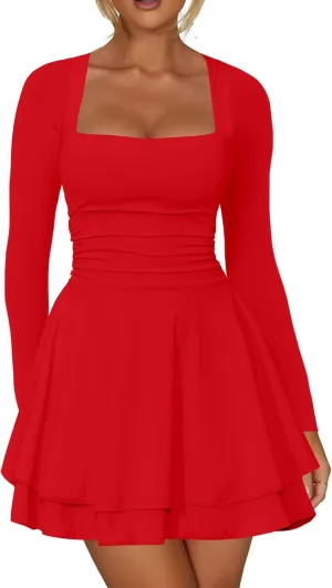 RanRui Women's Square Neck Ruffle Hem Mini Dress Ruched Waist Long Sleeve Corset Short Party Cocktail Birthday Dress