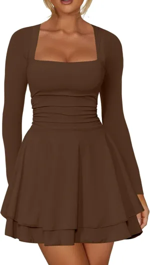 RanRui Women's Square Neck Ruffle Hem Mini Dress Ruched Waist Long Sleeve Corset Short Party Cocktail Birthday Dress