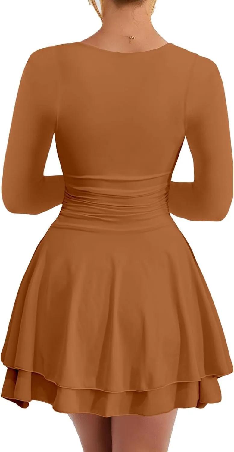 RanRui Women's Square Neck Ruffle Hem Mini Dress Ruched Waist Long Sleeve Corset Short Party Cocktail Birthday Dress