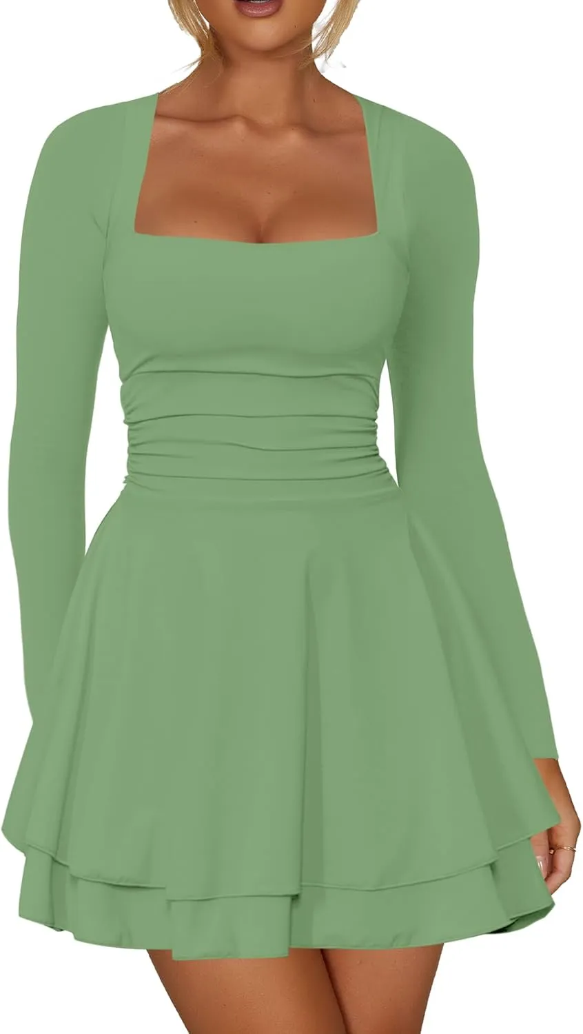 RanRui Women's Square Neck Ruffle Hem Mini Dress Ruched Waist Long Sleeve Corset Short Party Cocktail Birthday Dress