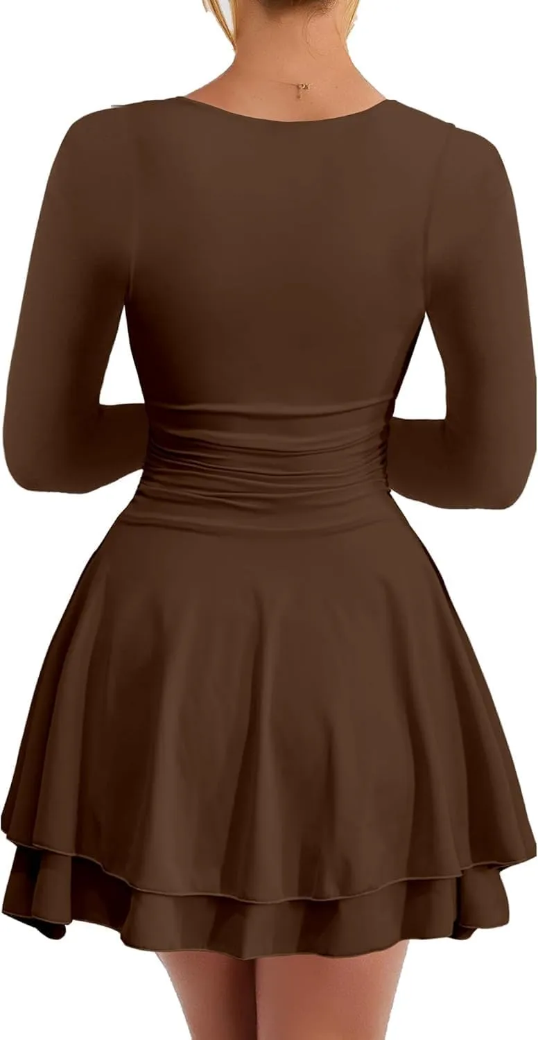 RanRui Women's Square Neck Ruffle Hem Mini Dress Ruched Waist Long Sleeve Corset Short Party Cocktail Birthday Dress