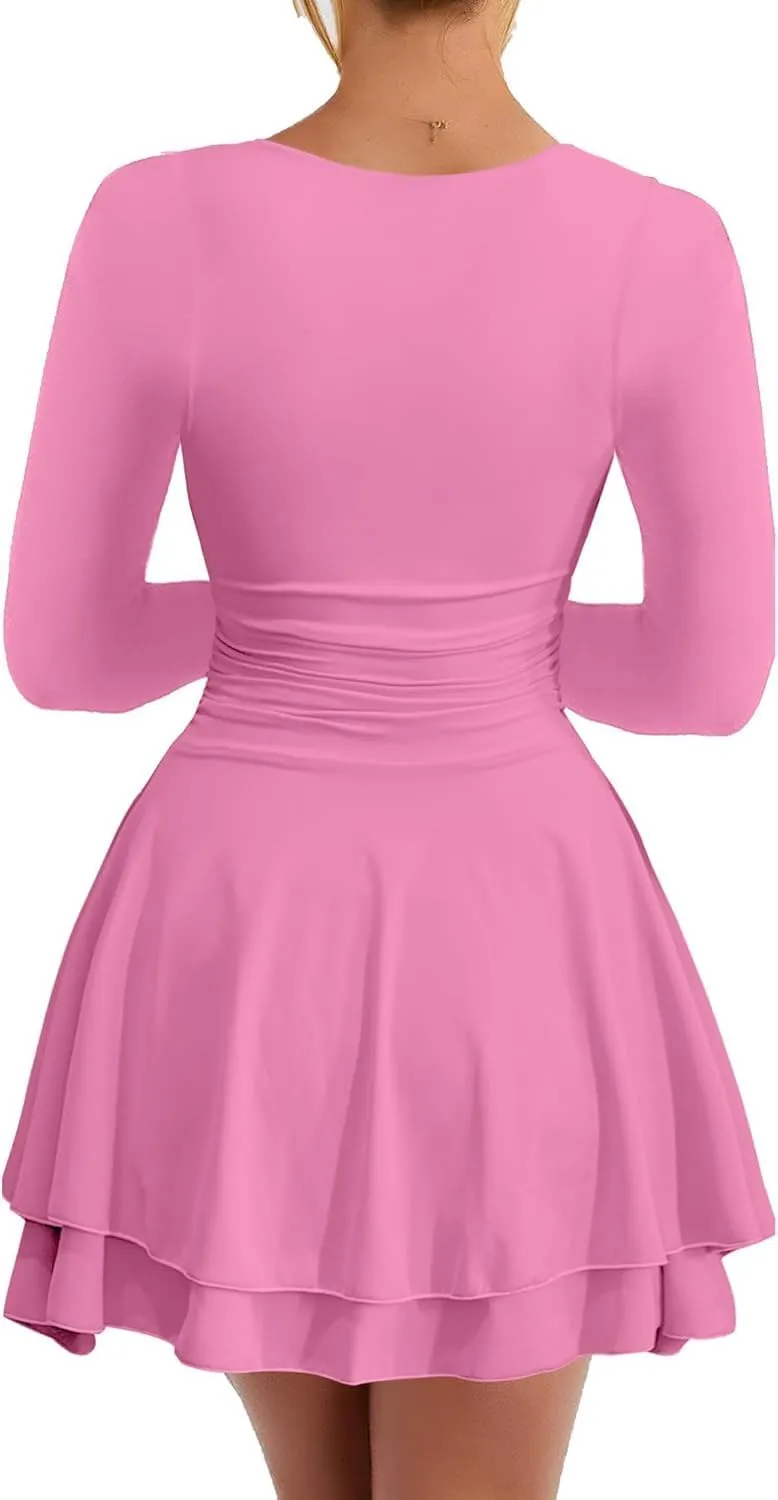RanRui Women's Square Neck Ruffle Hem Mini Dress Ruched Waist Long Sleeve Corset Short Party Cocktail Birthday Dress