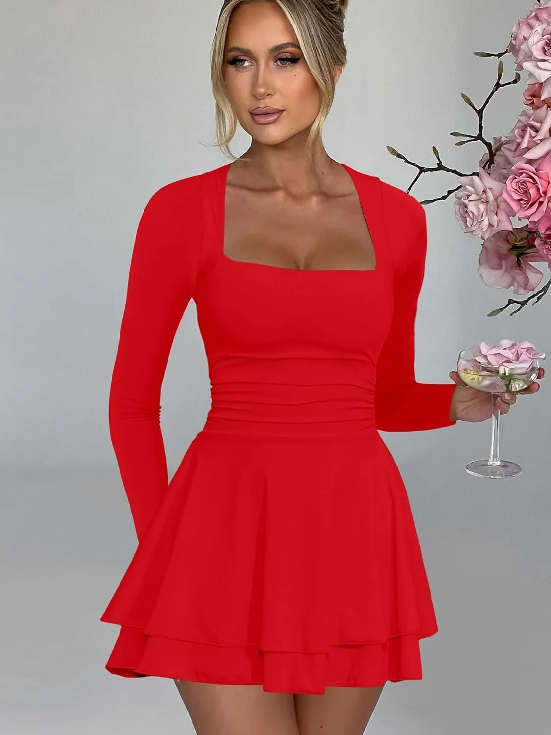 RanRui Women's Square Neck Ruffle Hem Mini Dress Ruched Waist Long Sleeve Corset Short Party Cocktail Birthday Dress