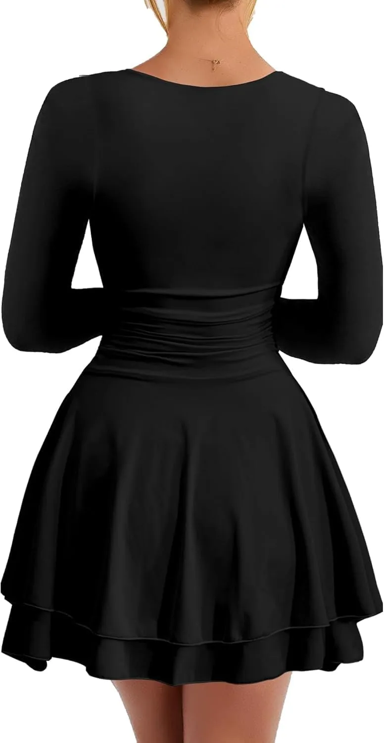 RanRui Women's Square Neck Ruffle Hem Mini Dress Ruched Waist Long Sleeve Corset Short Party Cocktail Birthday Dress