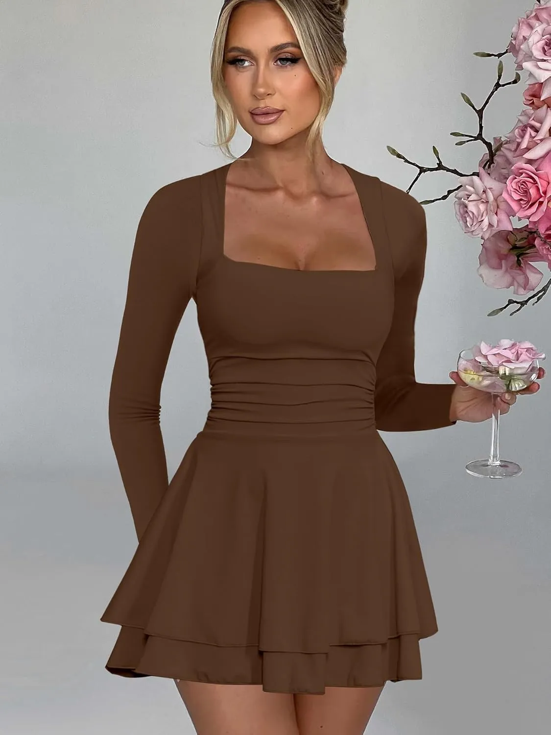 RanRui Women's Square Neck Ruffle Hem Mini Dress Ruched Waist Long Sleeve Corset Short Party Cocktail Birthday Dress