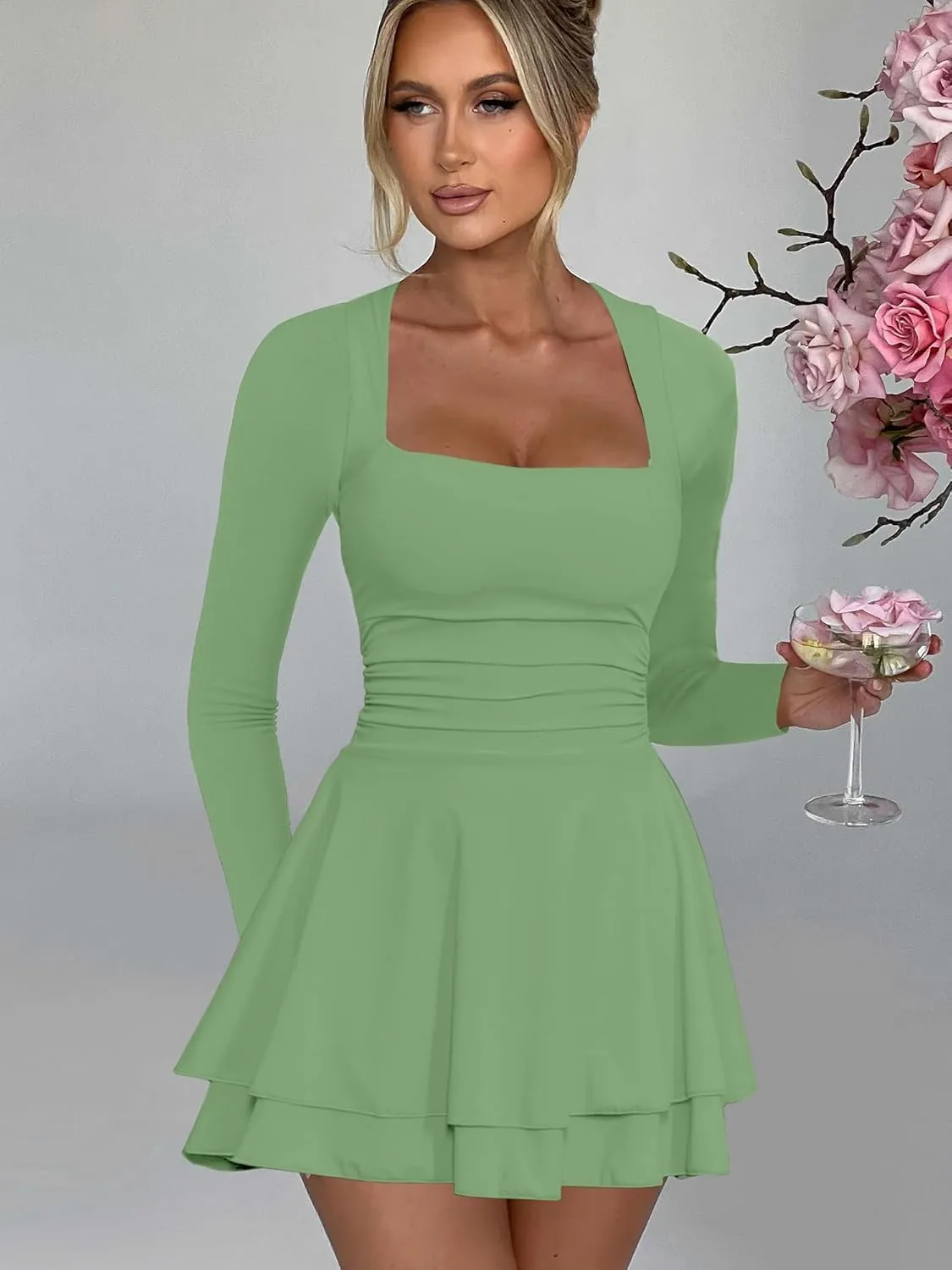 RanRui Women's Square Neck Ruffle Hem Mini Dress Ruched Waist Long Sleeve Corset Short Party Cocktail Birthday Dress